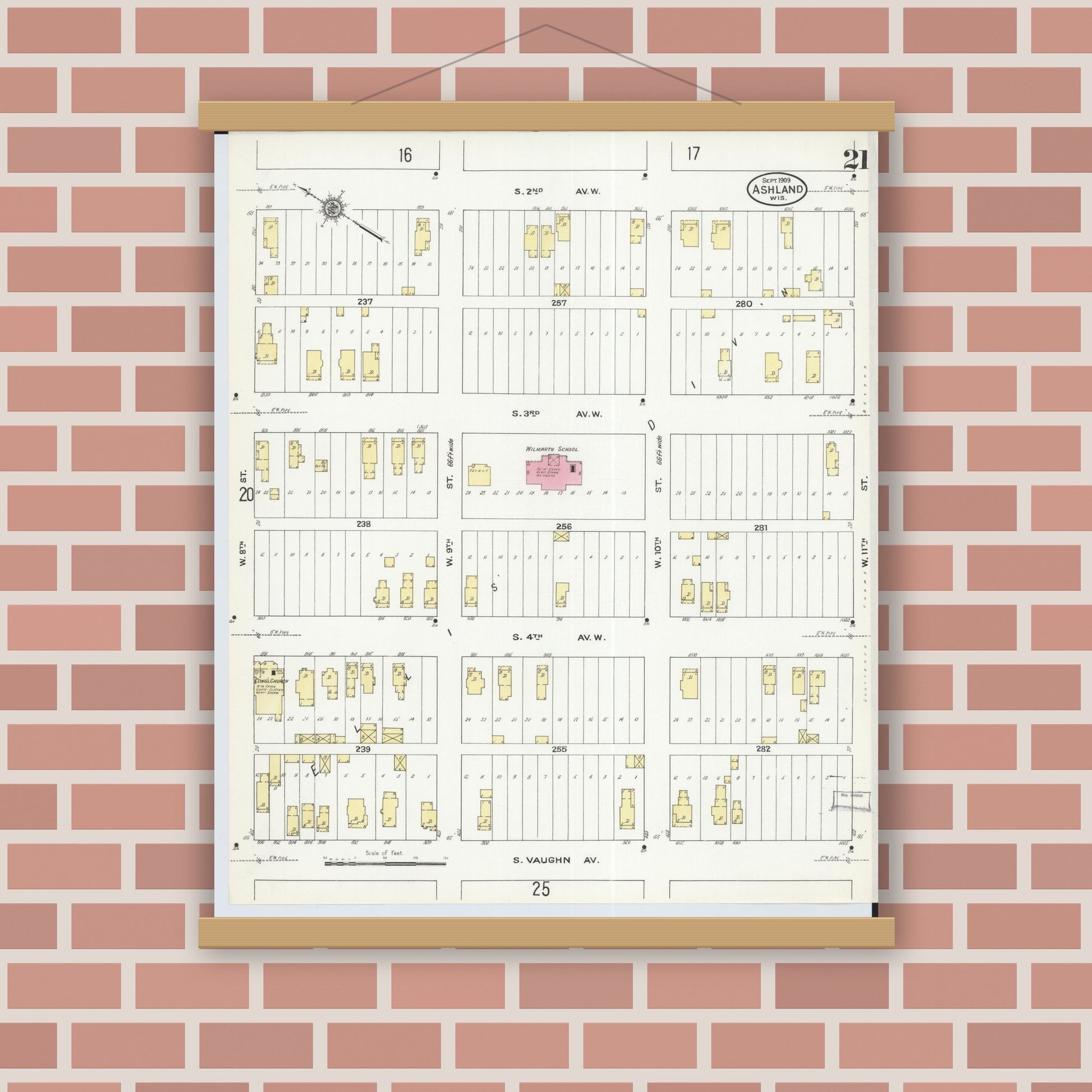 Old map wall art mockup — magnetic wood frame on brick wall — Sanborn Fire Insurance Map from Ashland, Ashland County, Wisconsin (1909), Sheet #0021