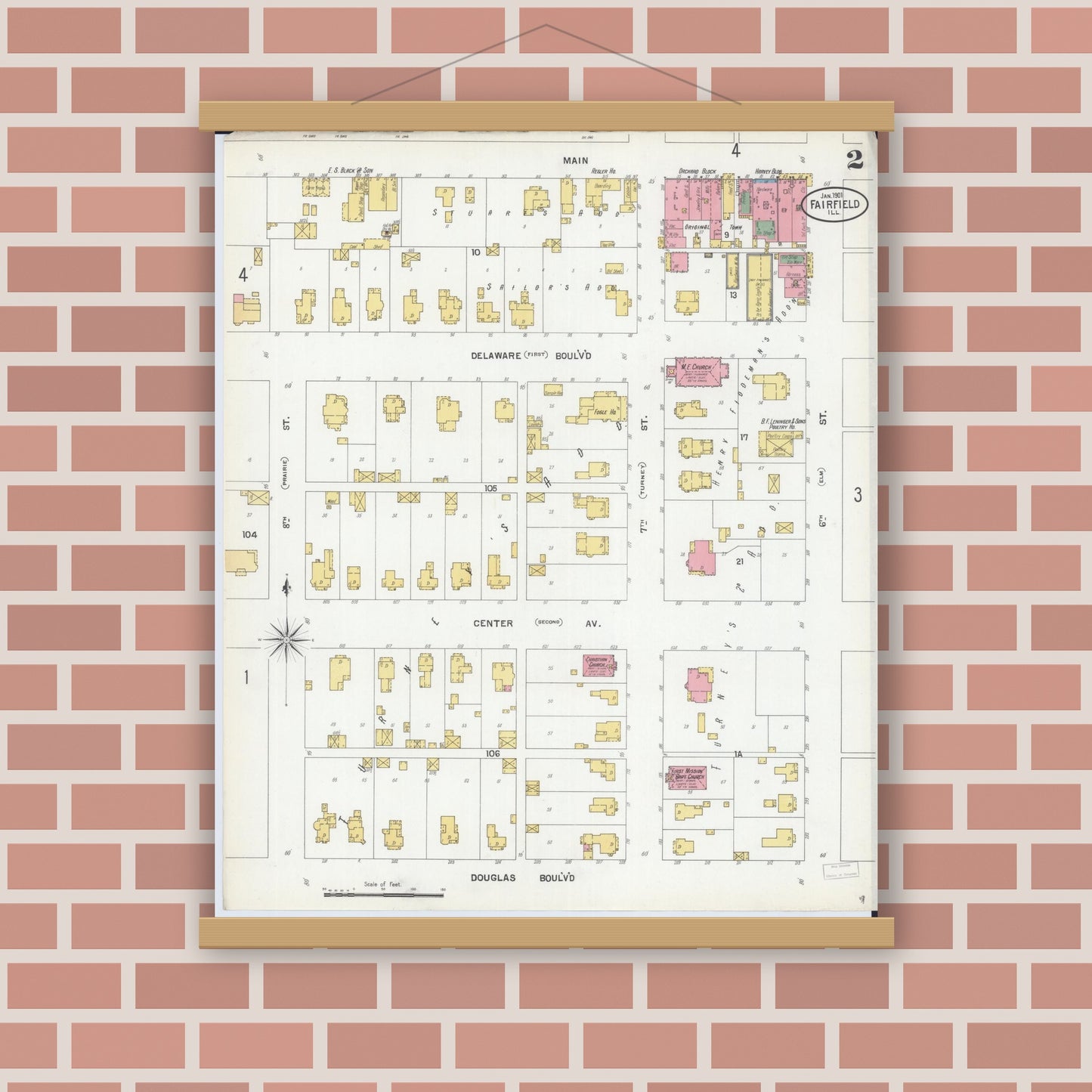 Old map wall art mockup — magnetic wood frame on brick wall — Sanborn Fire Insurance Map from Fairfield, Wayne County, Illinois (1901), Sheet #0002