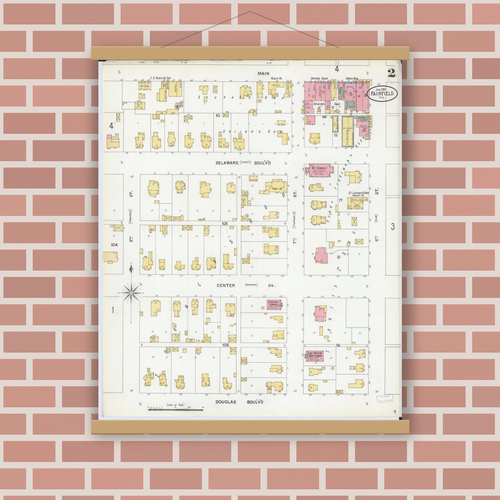 Old map wall art mockup — magnetic wood frame on brick wall — Sanborn Fire Insurance Map from Fairfield, Wayne County, Illinois (1901), Sheet #0002