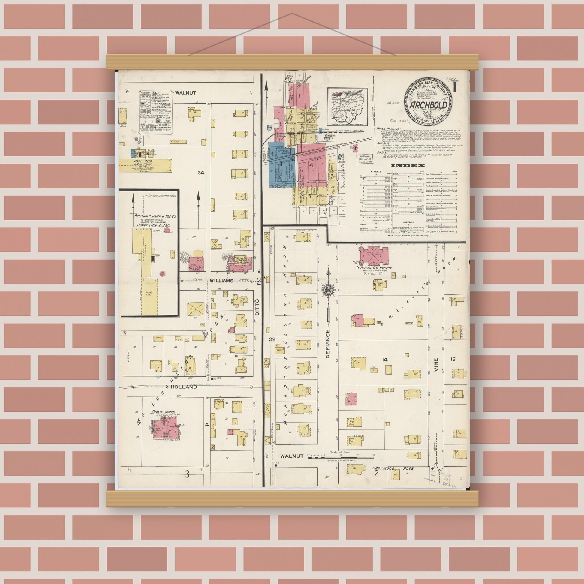 Old map wall art mockup — magnetic wood frame on brick wall — Sanborn Fire Insurance Map from Archbold, Fulton County, Ohio (1922) - Complete Map Set