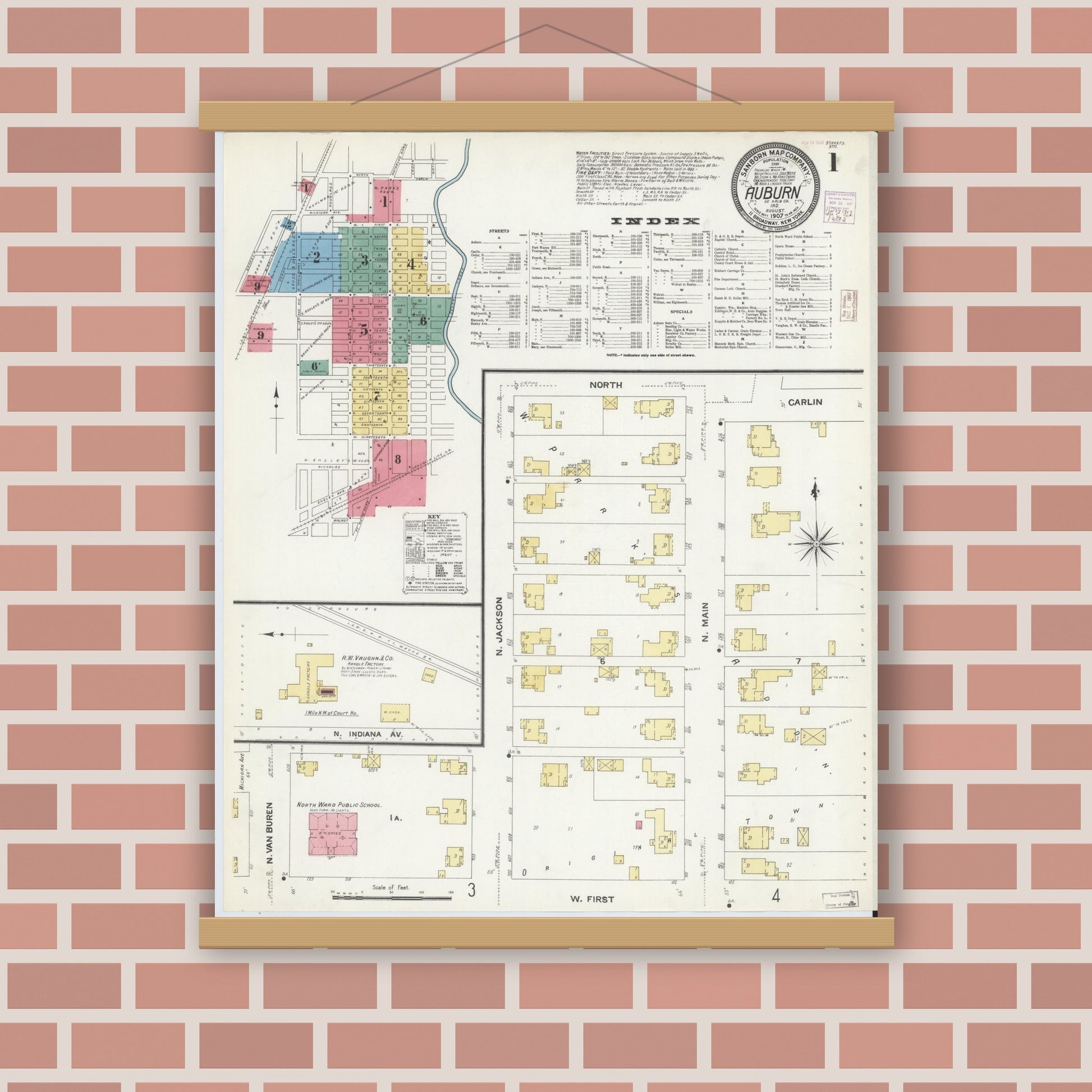 Old map wall art mockup — magnetic wood frame on brick wall — Sanborn Fire Insurance Map from Auburn, De Kalb County, Indiana (1907) - Complete Map Set