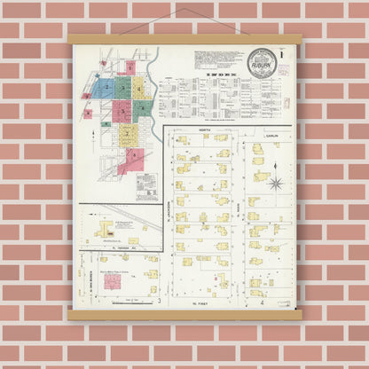 Old map wall art mockup — magnetic wood frame on brick wall — Sanborn Fire Insurance Map from Auburn, De Kalb County, Indiana (1907) - Complete Map Set