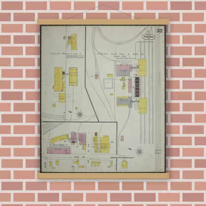 Old map wall art mockup — magnetic wood frame on brick wall — Sanborn Fire Insurance Map from Roanoke, Independent Cities, Virginia (1903), Sheet #0032