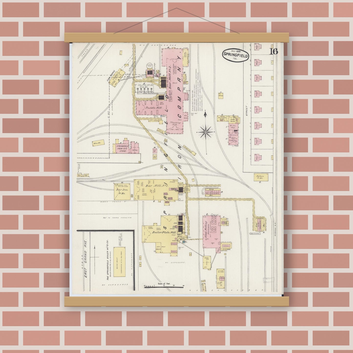 Old map wall art mockup — magnetic wood frame on brick wall — Sanborn Fire Insurance Map from Springfield, Sangamon County, Illinois (1890), Sheet #0016