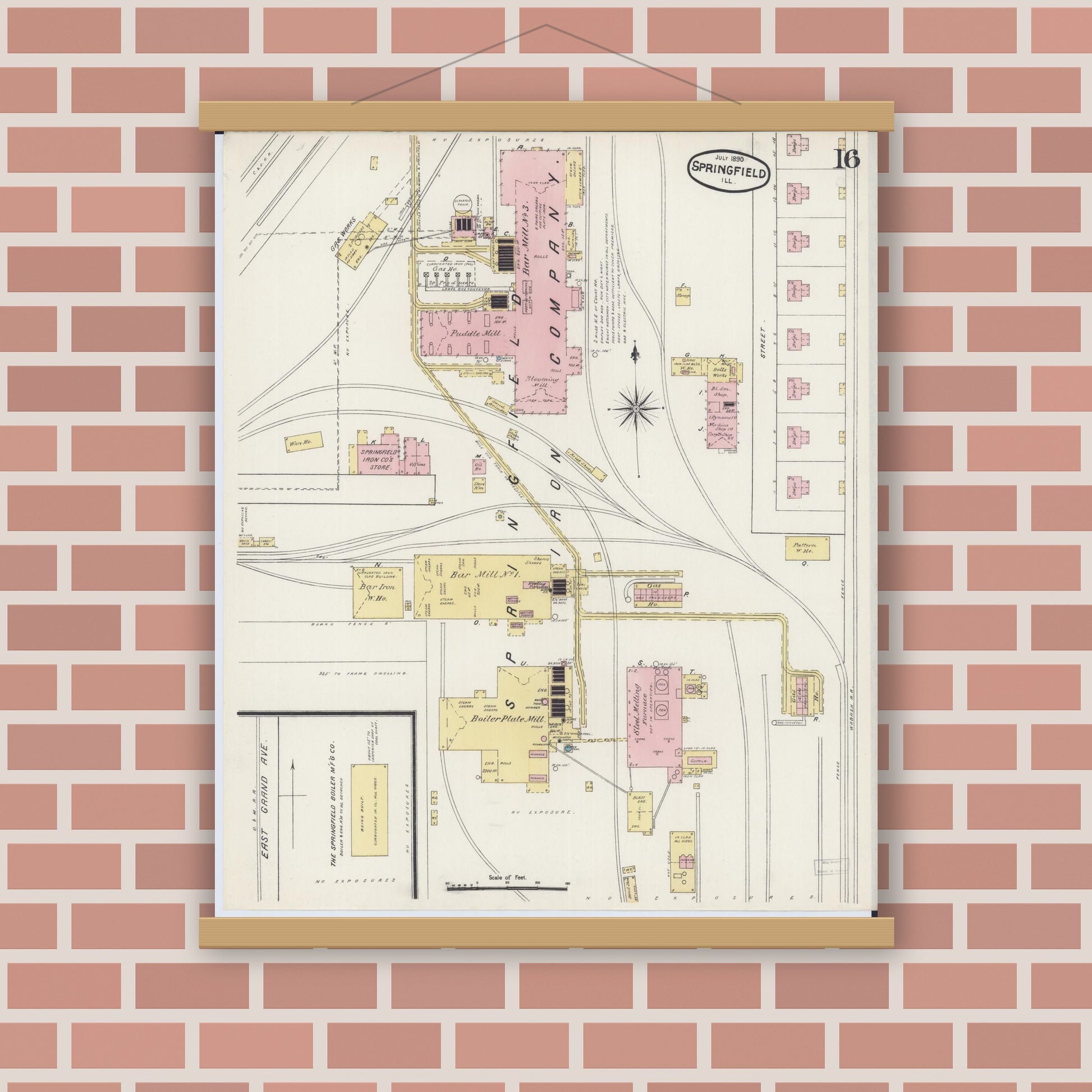Old map wall art mockup — magnetic wood frame on brick wall — Sanborn Fire Insurance Map from Springfield, Sangamon County, Illinois (1890), Sheet #0016