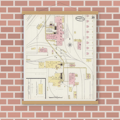 Old map wall art mockup — magnetic wood frame on brick wall — Sanborn Fire Insurance Map from Springfield, Sangamon County, Illinois (1890), Sheet #0016