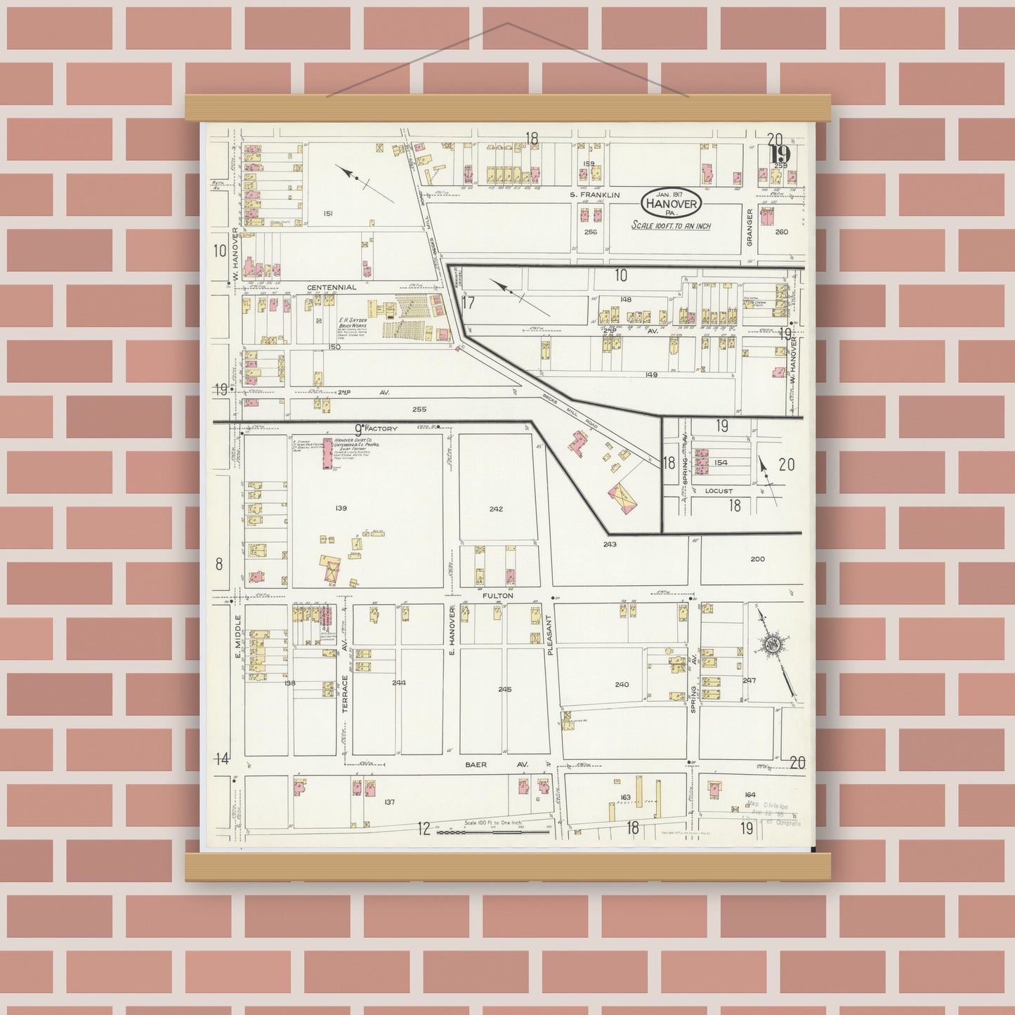 Old map wall art mockup — magnetic wood frame on brick wall — Sanborn Fire Insurance Map from Hanover, York County, Pennsylvania (1917), Sheet #0019