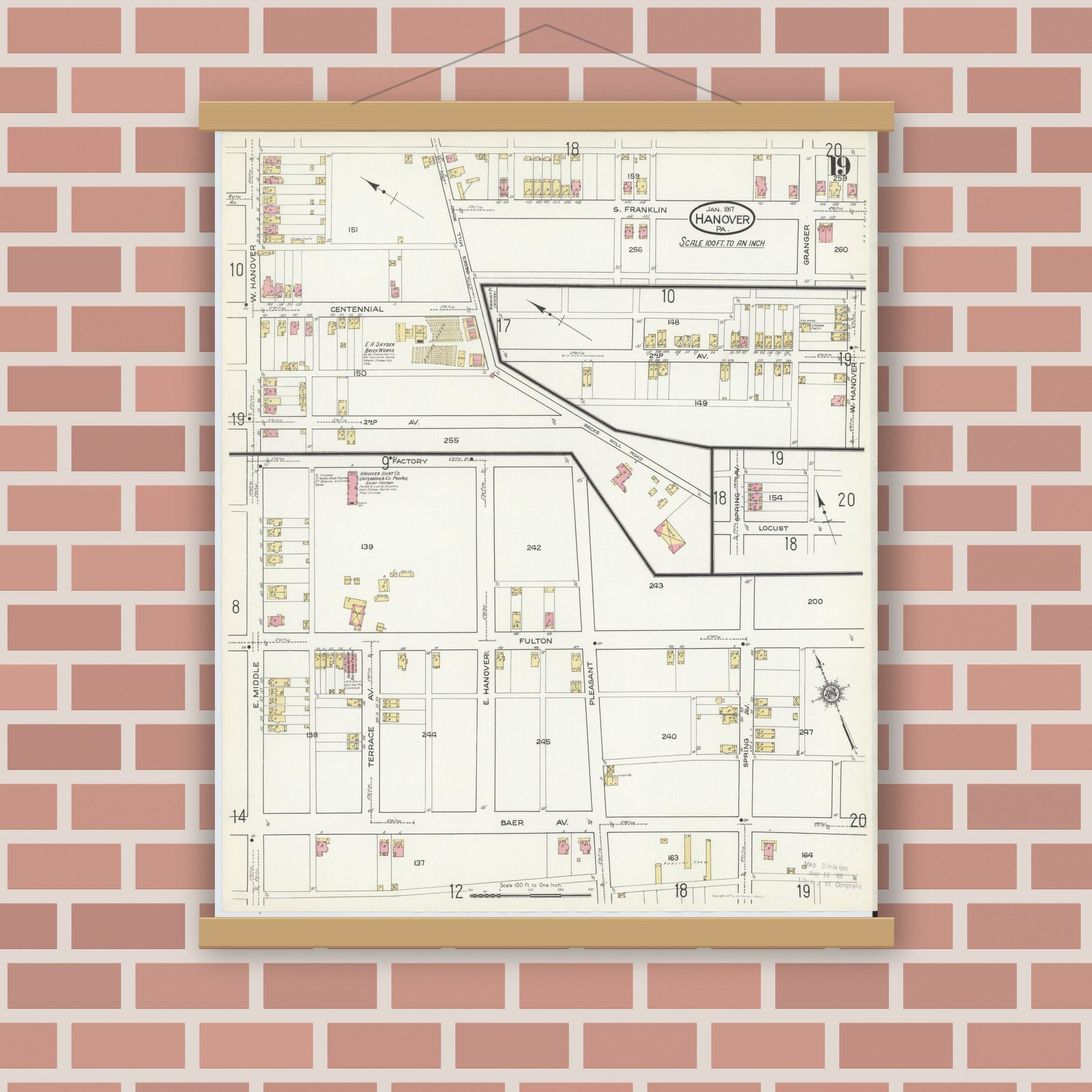 Old map wall art mockup — magnetic wood frame on brick wall — Sanborn Fire Insurance Map from Hanover, York County, Pennsylvania (1917), Sheet #0019
