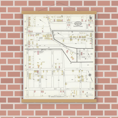 Old map wall art mockup — magnetic wood frame on brick wall — Sanborn Fire Insurance Map from Hanover, York County, Pennsylvania (1917), Sheet #0019