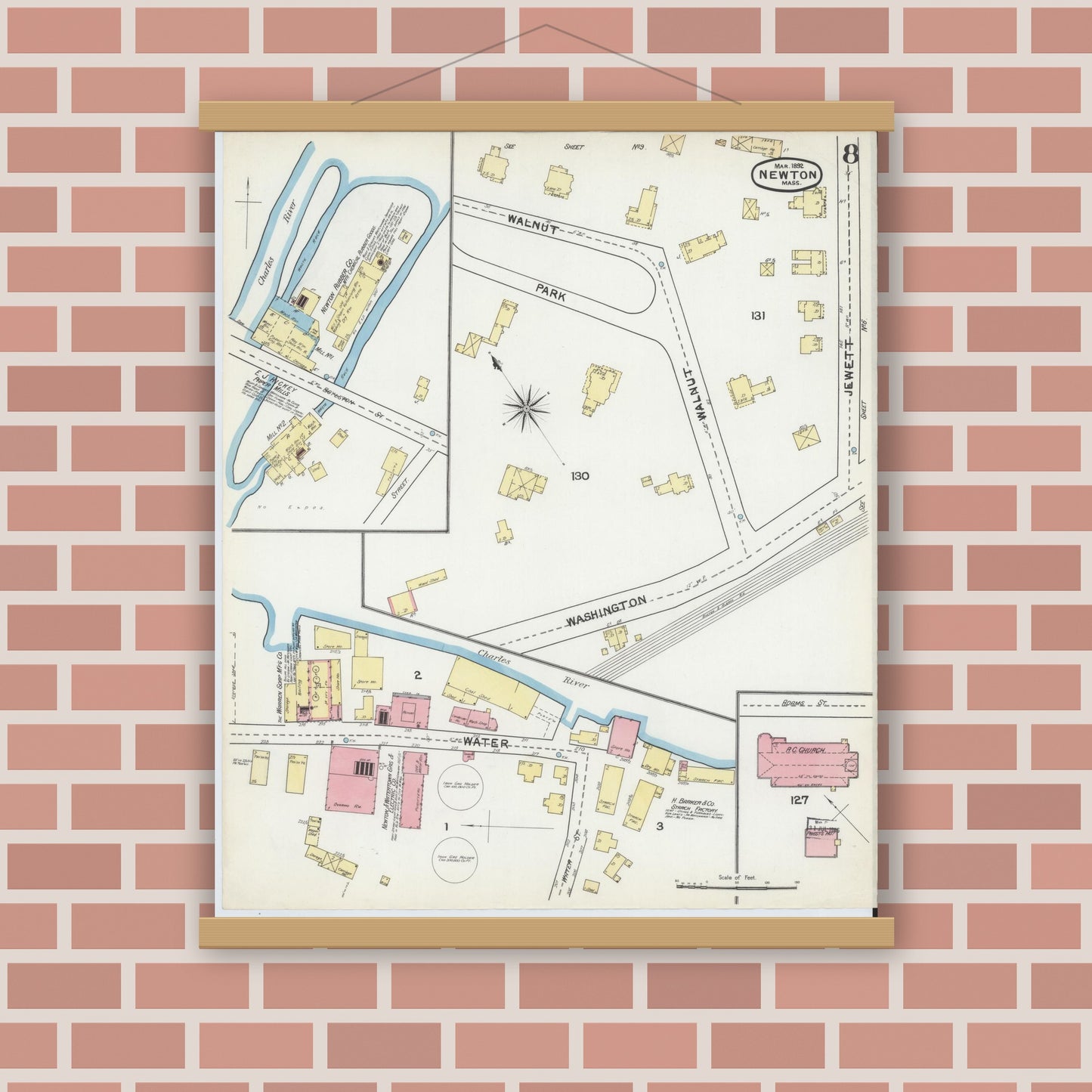 Old map wall art mockup — magnetic wood frame on brick wall — Sanborn Fire Insurance Map from Newton, Middlesex County, Massachusetts (1892), Sheet #0008