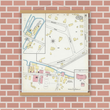 Old map wall art mockup — magnetic wood frame on brick wall — Sanborn Fire Insurance Map from Newton, Middlesex County, Massachusetts (1892), Sheet #0008
