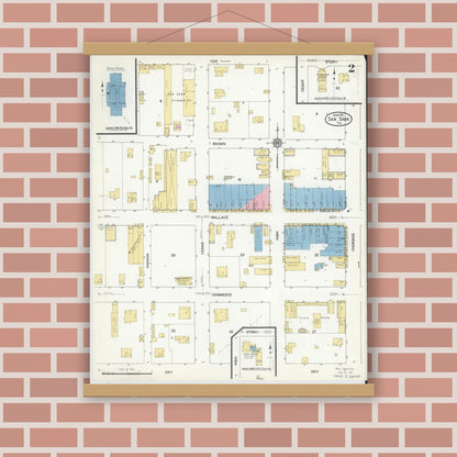 Old map wall art mockup — magnetic wood frame on brick wall — Sanborn Fire Insurance Map from San Saba, San Saba County, Texas (1912), Sheet #0002