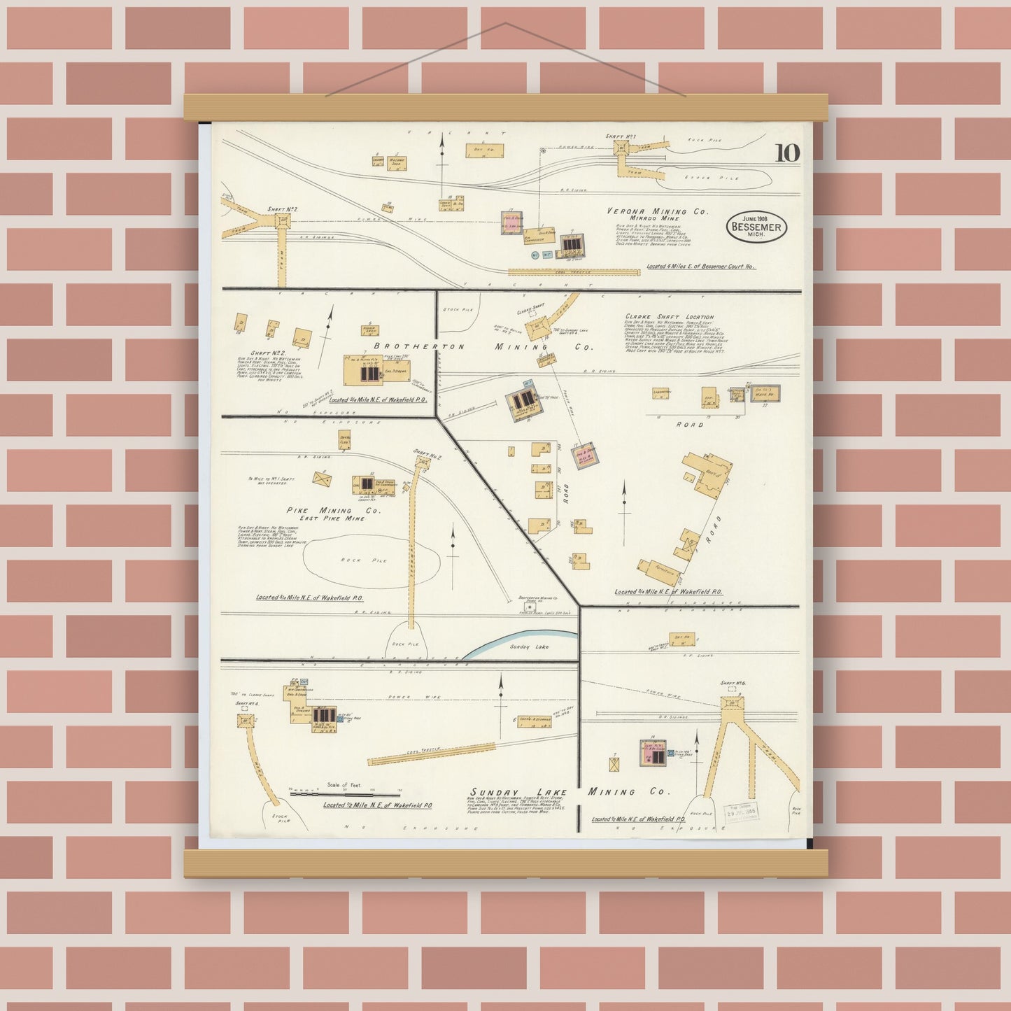 Old map wall art mockup — magnetic wood frame on brick wall — Sanborn Fire Insurance Map from Bessemer, Gogebic County, Michigan (1908), Sheet #0010