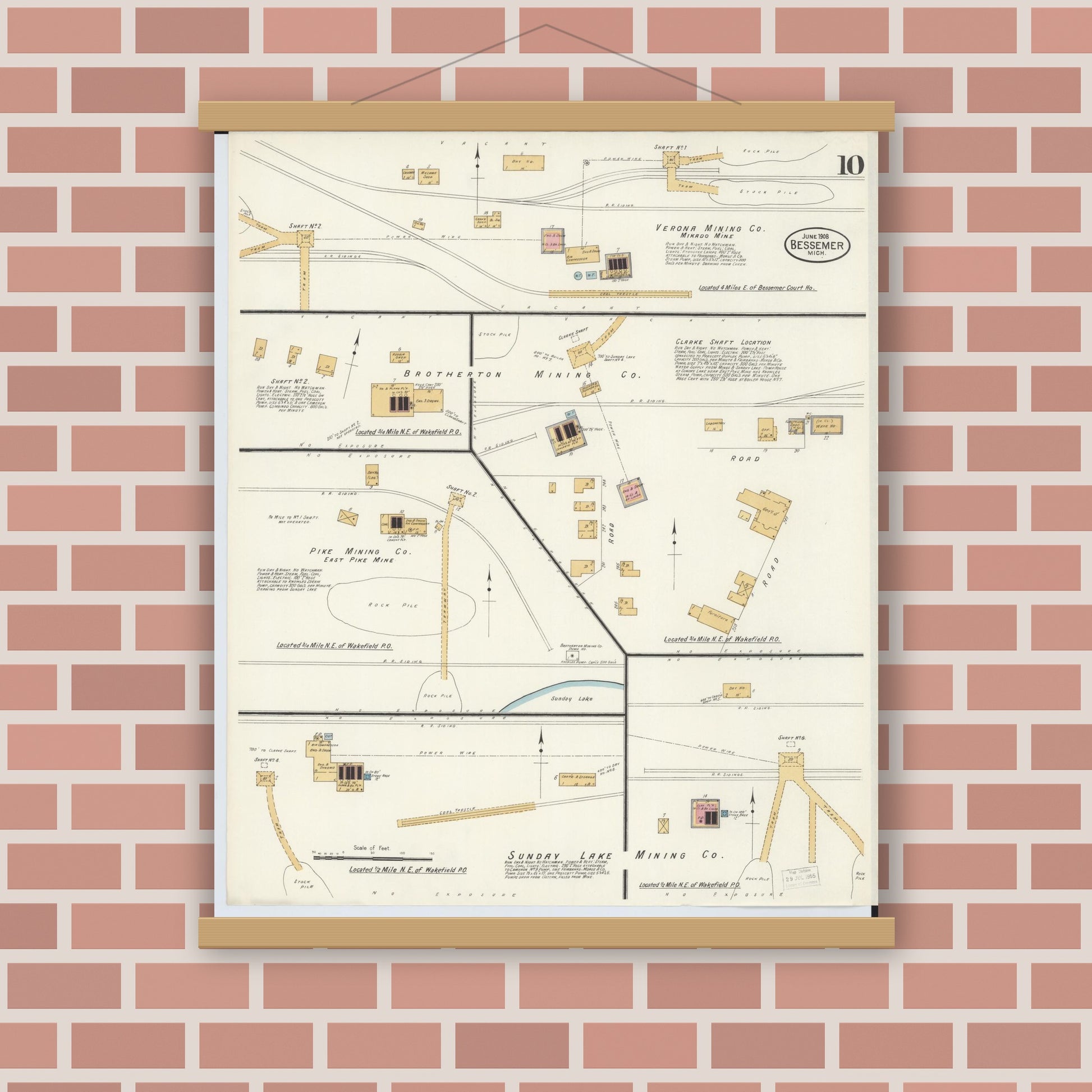 Old map wall art mockup — magnetic wood frame on brick wall — Sanborn Fire Insurance Map from Bessemer, Gogebic County, Michigan (1908), Sheet #0010