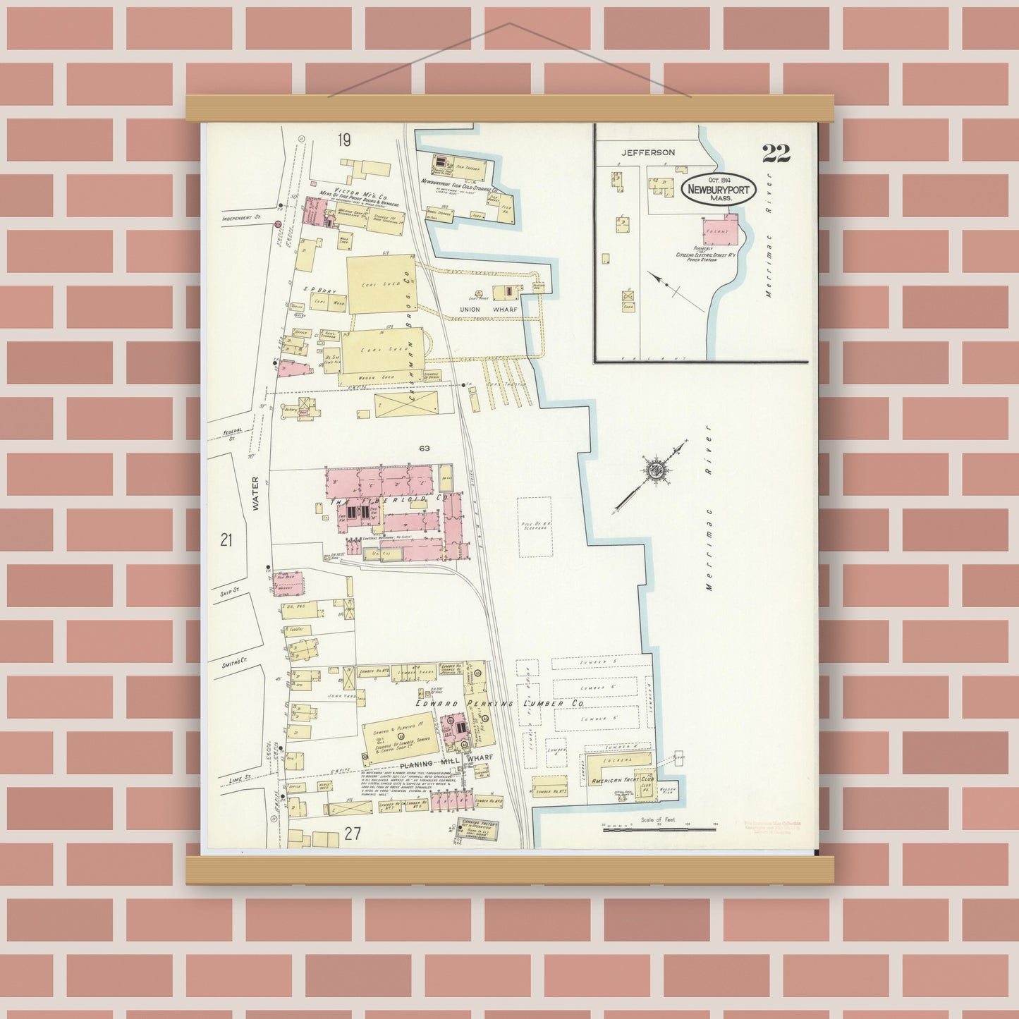 Old map wall art mockup — magnetic wood frame on brick wall — Sanborn Fire Insurance Map from Newburyport, Essex County, Massachusetts (1914), Sheet #0022
