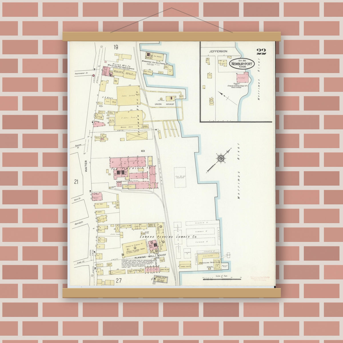 Old map wall art mockup — magnetic wood frame on brick wall — Sanborn Fire Insurance Map from Newburyport, Essex County, Massachusetts (1914), Sheet #0022