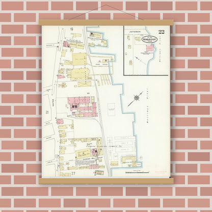 Old map wall art mockup — magnetic wood frame on brick wall — Sanborn Fire Insurance Map from Newburyport, Essex County, Massachusetts (1914), Sheet #0022