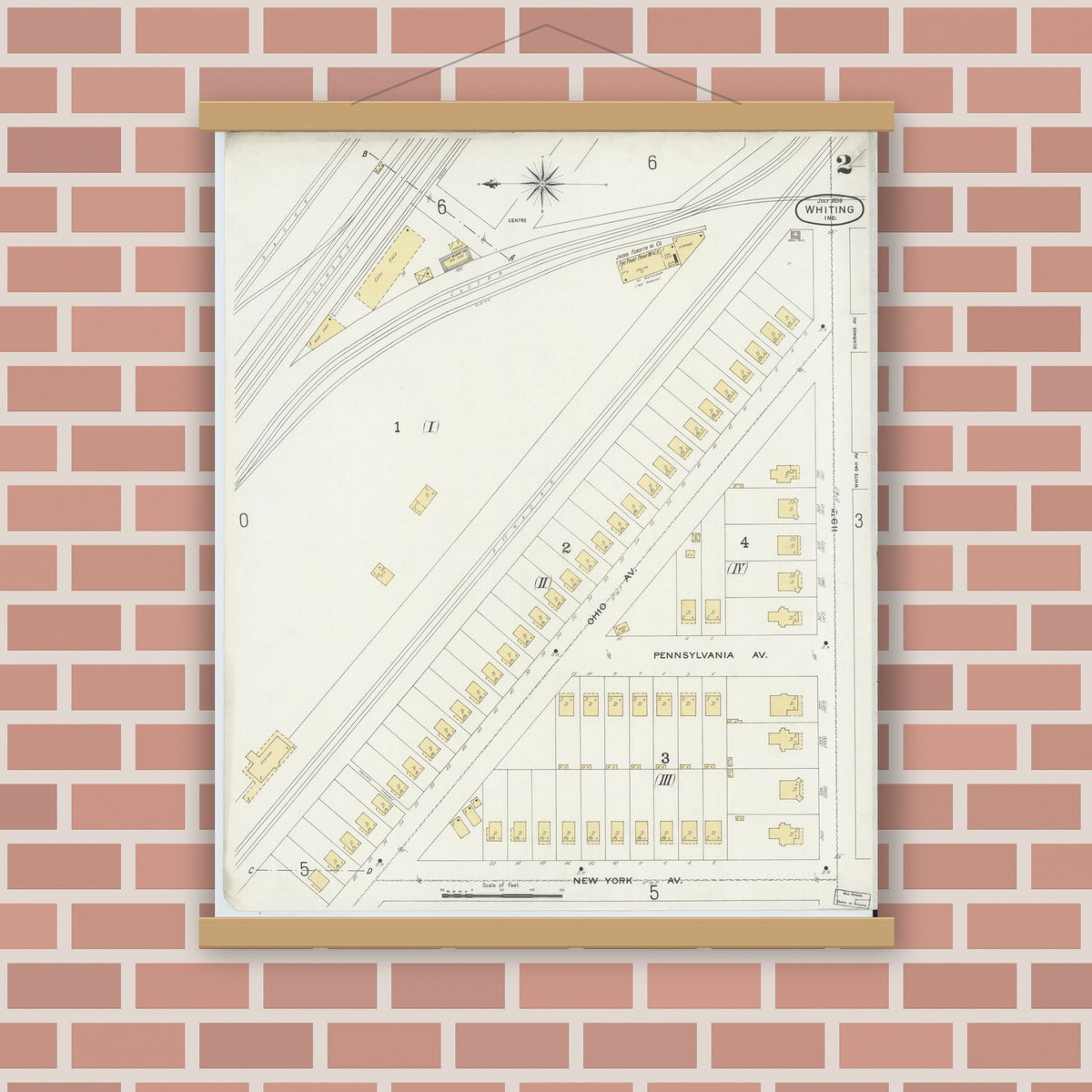 Old map wall art mockup — magnetic wood frame on brick wall — Sanborn Fire Insurance Map from Whiting, Lake County, Indiana (1896), Sheet #0002