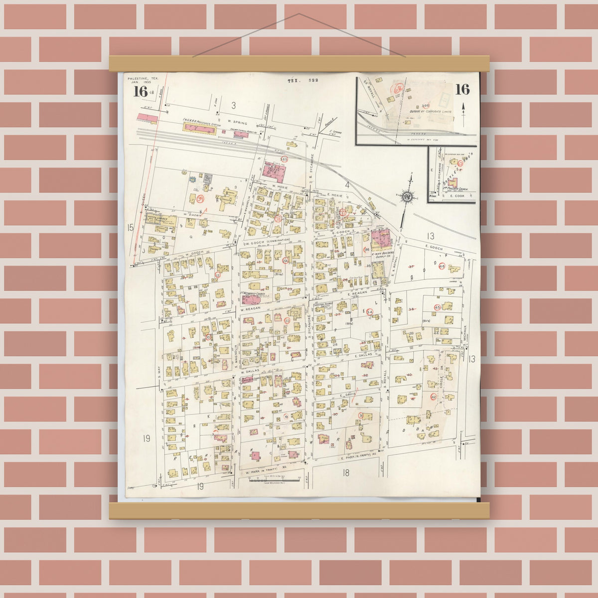 Old map wall art mockup — magnetic wood frame on brick wall — Sanborn Fire Insurance Map from Palestine, Anderson County, Texas (1949), Sheet #0016