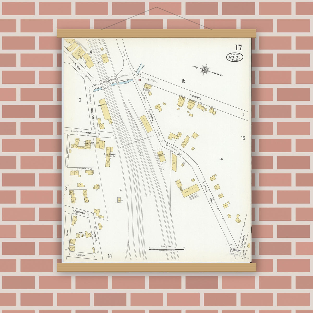 Old map wall art mockup — magnetic wood frame on brick wall — Sanborn Fire Insurance Map from Athol, Worcester County, Massachusetts (1917), Sheet #0017