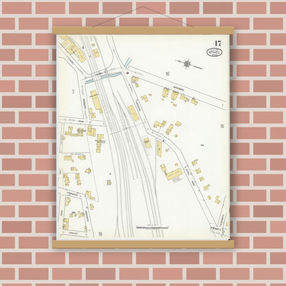 Old map wall art mockup — magnetic wood frame on brick wall — Sanborn Fire Insurance Map from Athol, Worcester County, Massachusetts (1917), Sheet #0017