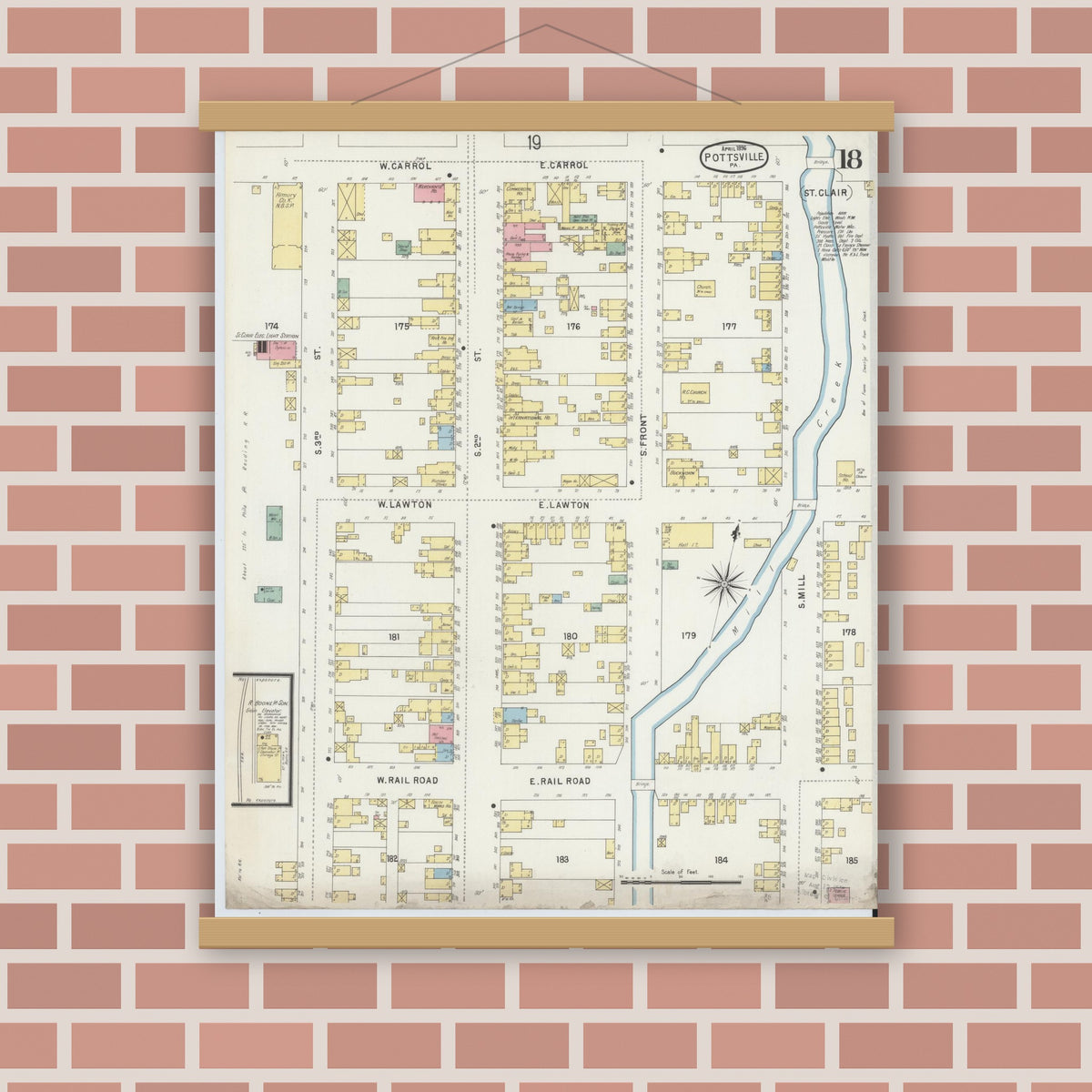 Old map wall art mockup — magnetic wood frame on brick wall — Sanborn Fire Insurance Map from Pottsville, Schuylkill County, Pennsylvania (1895), Sheet #0018