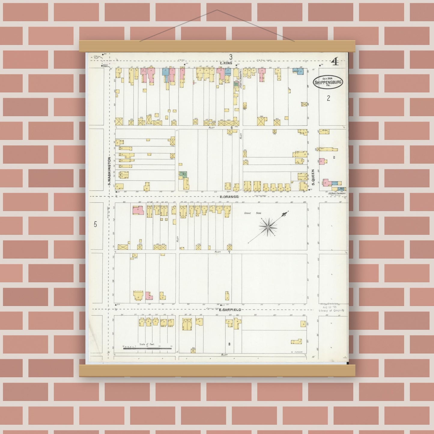 Old map wall art mockup — magnetic wood frame on brick wall — Sanborn Fire Insurance Map from Shippensburg, Cumberland And Franklin Counties, Pennsylvania (1904), Sheet #0004