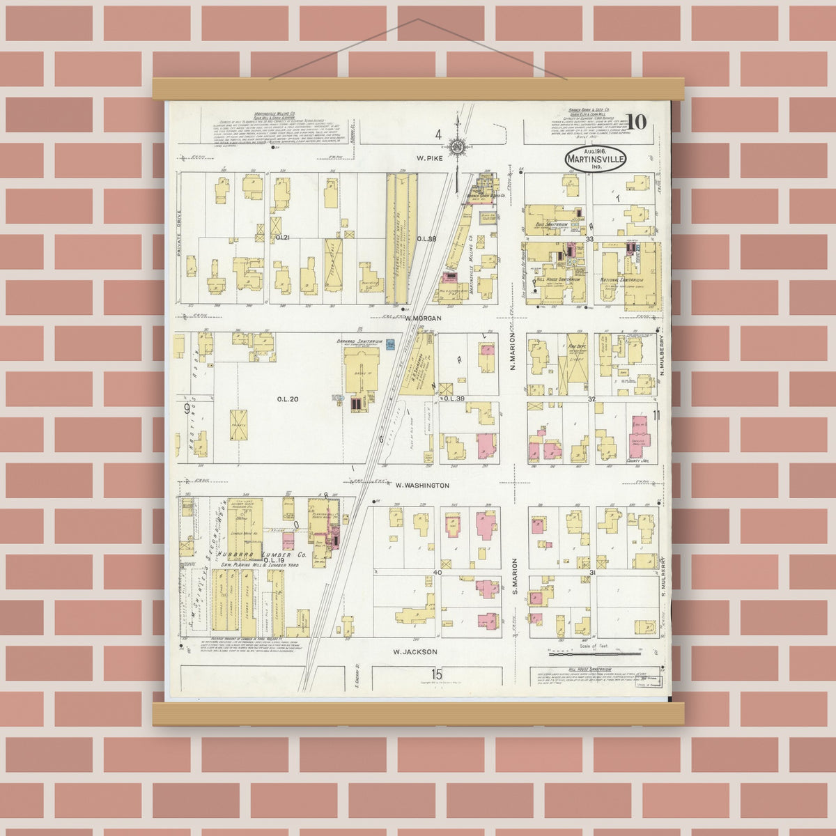 Old map wall art mockup — magnetic wood frame on brick wall — Sanborn Fire Insurance Map from Martinsville, Morgan County, Indiana (1916), Sheet #0010