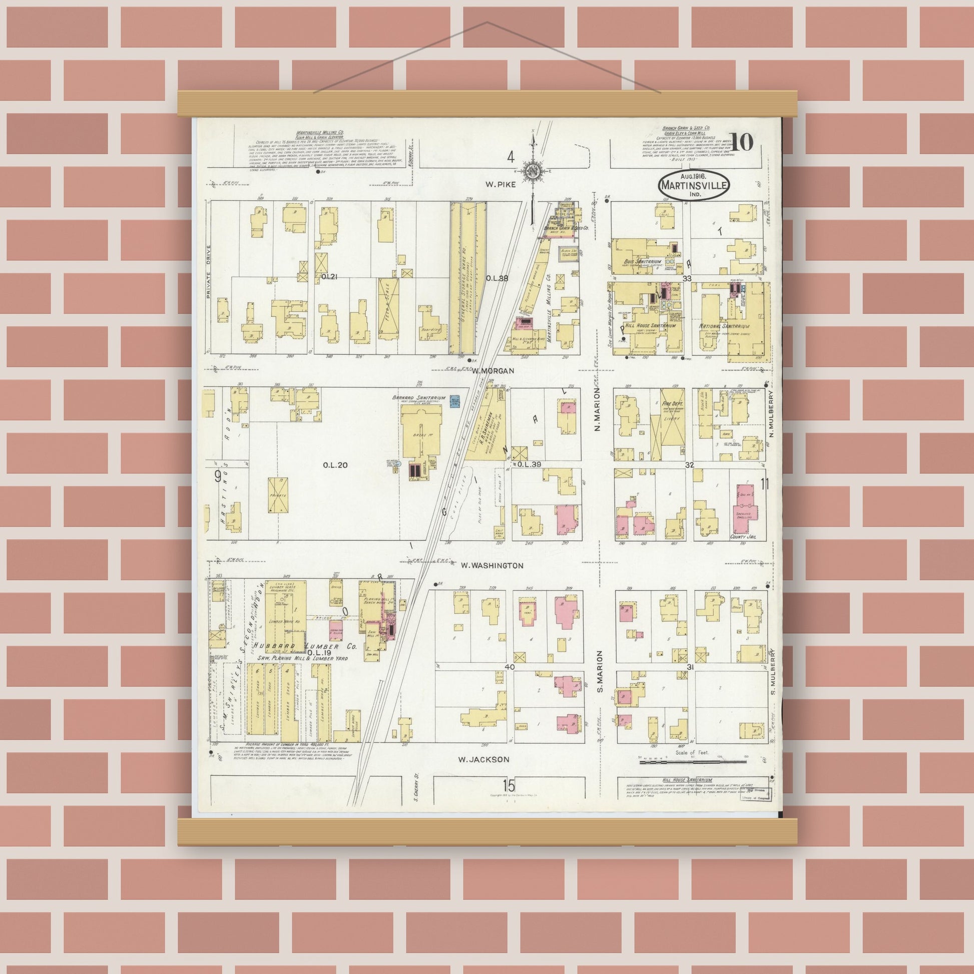 Old map wall art mockup — magnetic wood frame on brick wall — Sanborn Fire Insurance Map from Martinsville, Morgan County, Indiana (1916), Sheet #0010