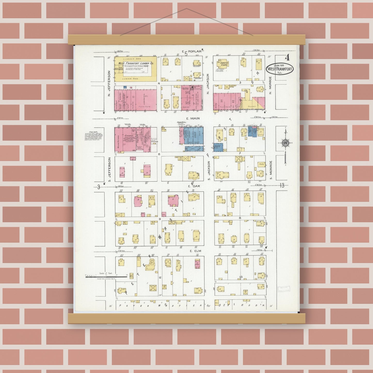 Old map wall art mockup — magnetic wood frame on brick wall — Sanborn Fire Insurance Map from West Frankfort, Franklin County, Illinois (1919), Sheet #0004
