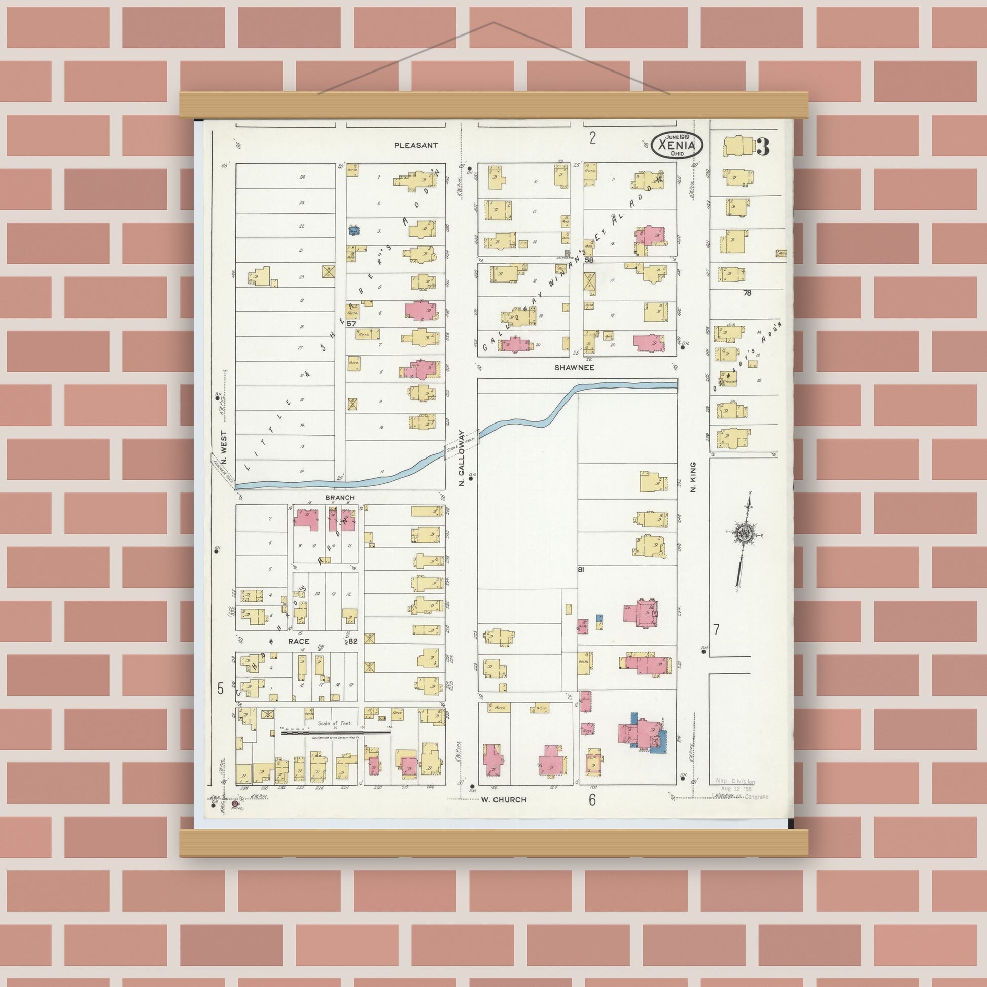 Old map wall art mockup — magnetic wood frame on brick wall — Sanborn Fire Insurance Map from Xenia, Greene County, Ohio (1919), Sheet #0003