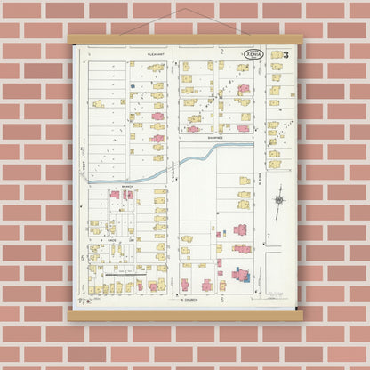 Old map wall art mockup — magnetic wood frame on brick wall — Sanborn Fire Insurance Map from Xenia, Greene County, Ohio (1919), Sheet #0003