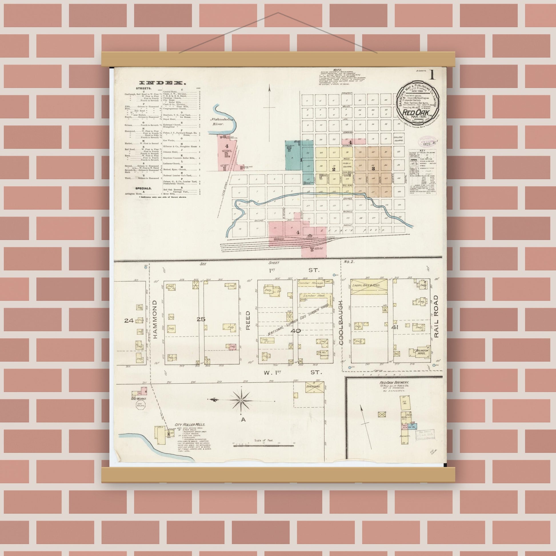 Old map wall art mockup — magnetic wood frame on brick wall — Sanborn Fire Insurance Map from Red Oak, Montgomery County, Iowa (1886) â€” Complete Set