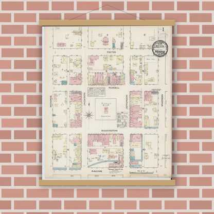 Old map wall art mockup — magnetic wood frame on brick wall — Sanborn Fire Insurance Map from Monroe, Green County, Wisconsin (1884) - Complete Map Set