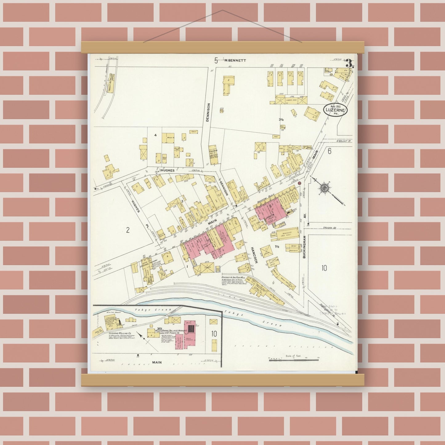 Old map wall art mockup — magnetic wood frame on brick wall — Sanborn Fire Insurance Map from Luzerne, Luzerne County, Pennsylvania (1911), Sheet #0003
