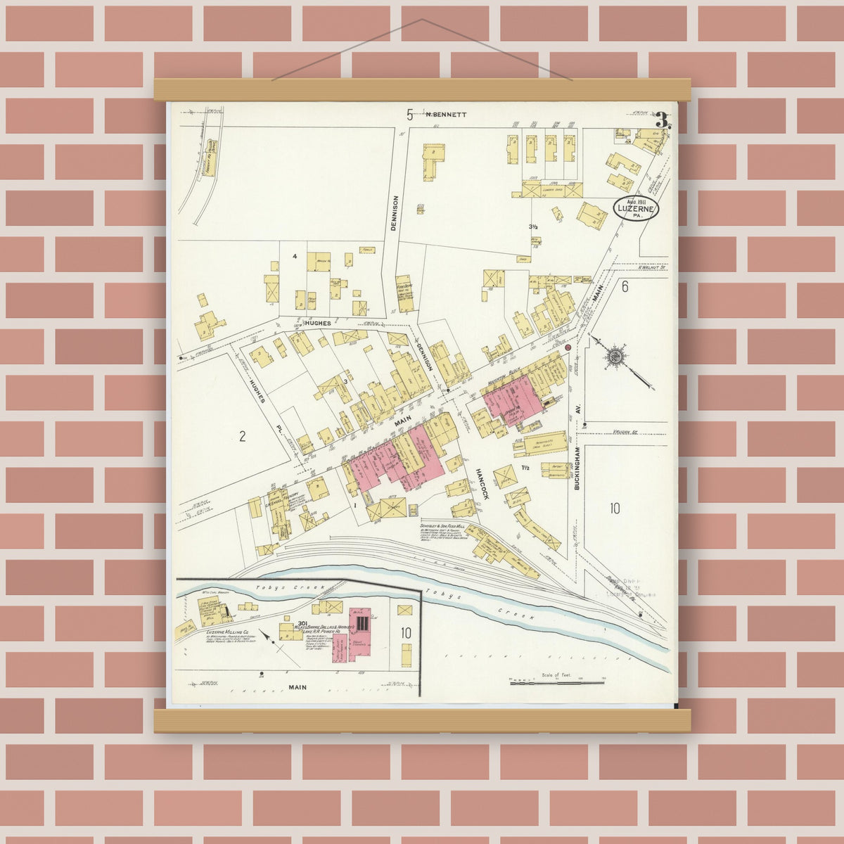Old map wall art mockup — magnetic wood frame on brick wall — Sanborn Fire Insurance Map from Luzerne, Luzerne County, Pennsylvania (1911), Sheet #0003