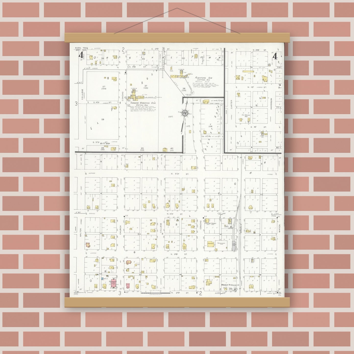 Old map wall art mockup — magnetic wood frame on brick wall — Sanborn Fire Insurance Map from Roby, Fisher County, Texas (1935), Sheet #0004