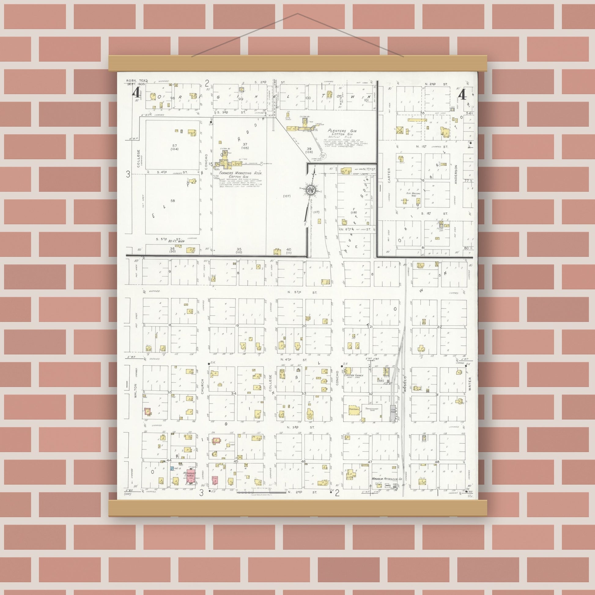 Old map wall art mockup — magnetic wood frame on brick wall — Sanborn Fire Insurance Map from Roby, Fisher County, Texas (1935), Sheet #0004