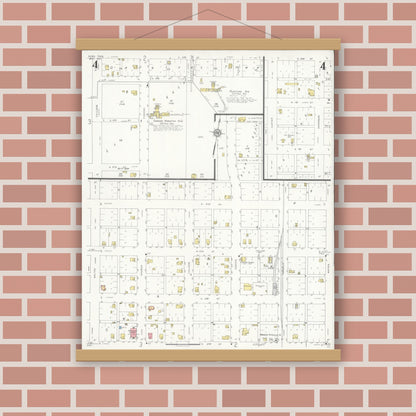 Old map wall art mockup — magnetic wood frame on brick wall — Sanborn Fire Insurance Map from Roby, Fisher County, Texas (1935), Sheet #0004