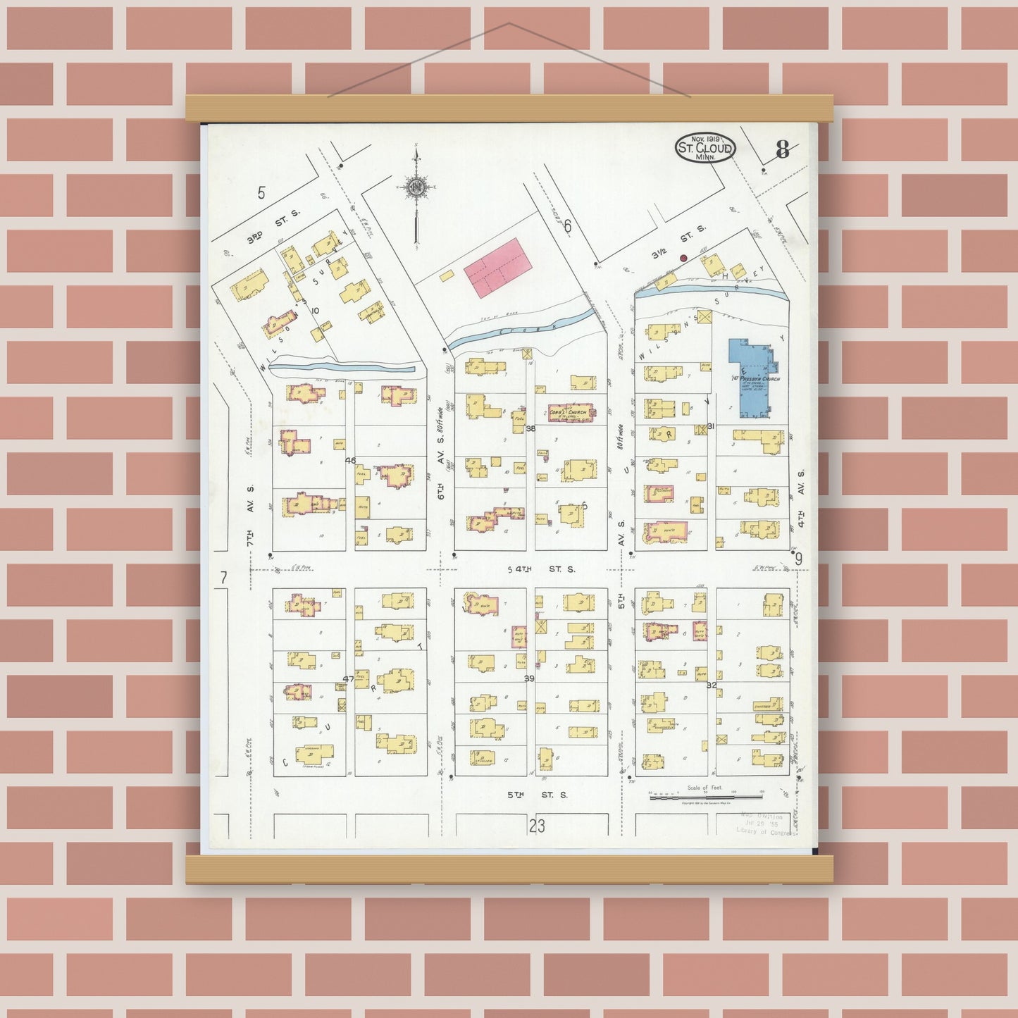 Old map wall art mockup — magnetic wood frame on brick wall — Sanborn Fire Insurance Map from Saint Cloud, Stearns, Benton, and Sherburne Counties, Minnesota (1919), Sheet #0008