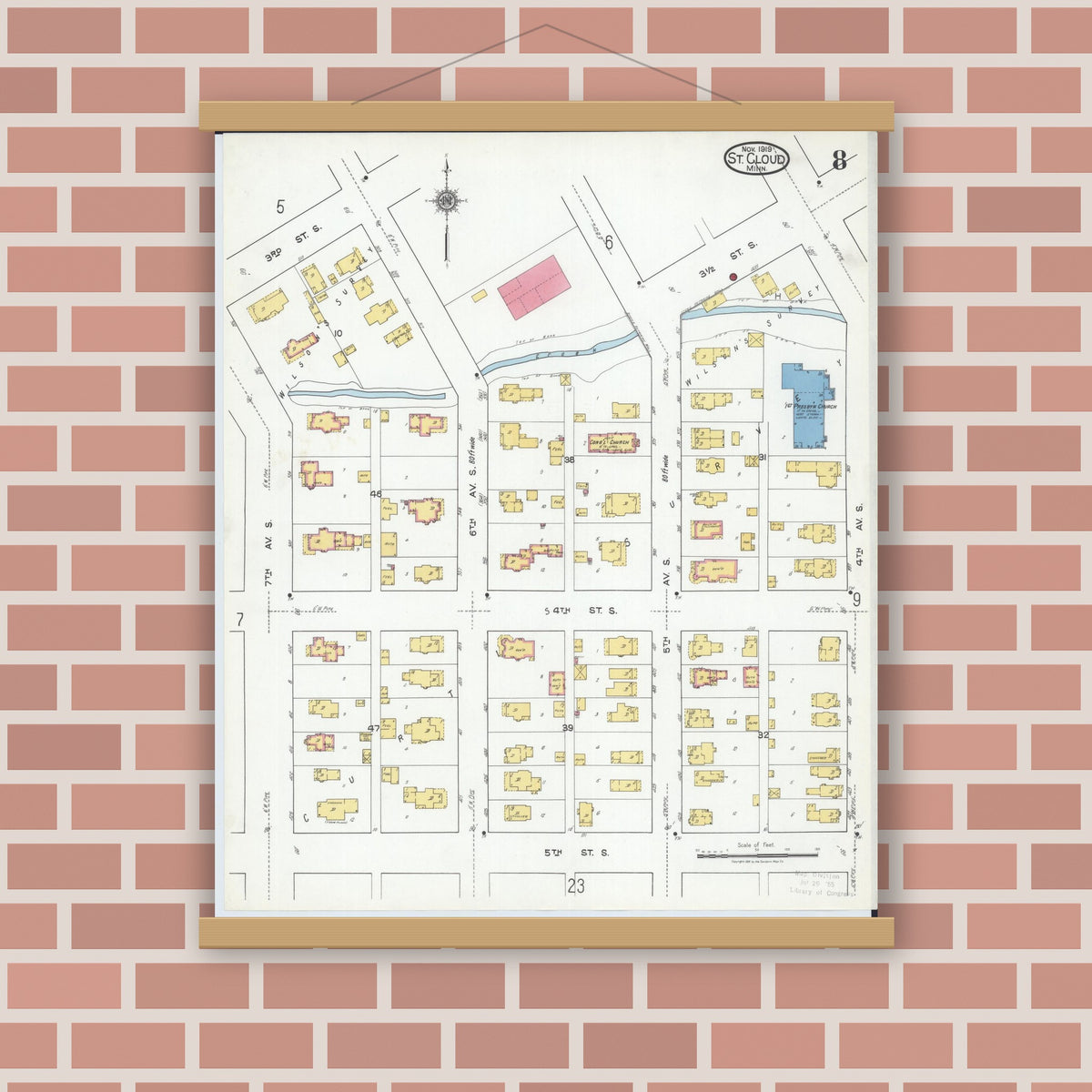 Old map wall art mockup — magnetic wood frame on brick wall — Sanborn Fire Insurance Map from Saint Cloud, Stearns, Benton, and Sherburne Counties, Minnesota (1919), Sheet #0008