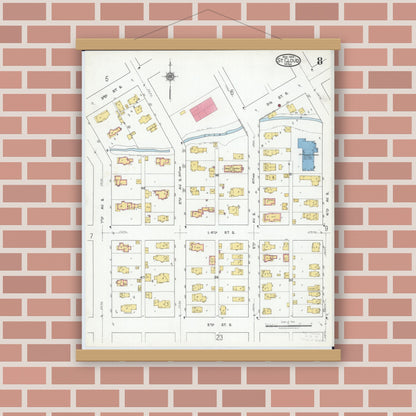 Old map wall art mockup — magnetic wood frame on brick wall — Sanborn Fire Insurance Map from Saint Cloud, Stearns, Benton, and Sherburne Counties, Minnesota (1919), Sheet #0008