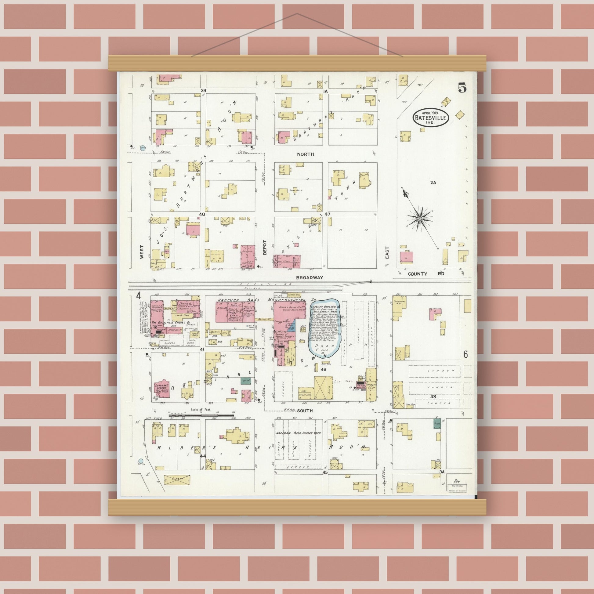 Old map wall art mockup — magnetic wood frame on brick wall — Sanborn Fire Insurance Map from Batesville, Ripley County, Indiana (1909), Sheet #0005