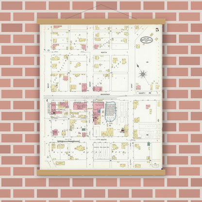 Old map wall art mockup — magnetic wood frame on brick wall — Sanborn Fire Insurance Map from Batesville, Ripley County, Indiana (1909), Sheet #0005