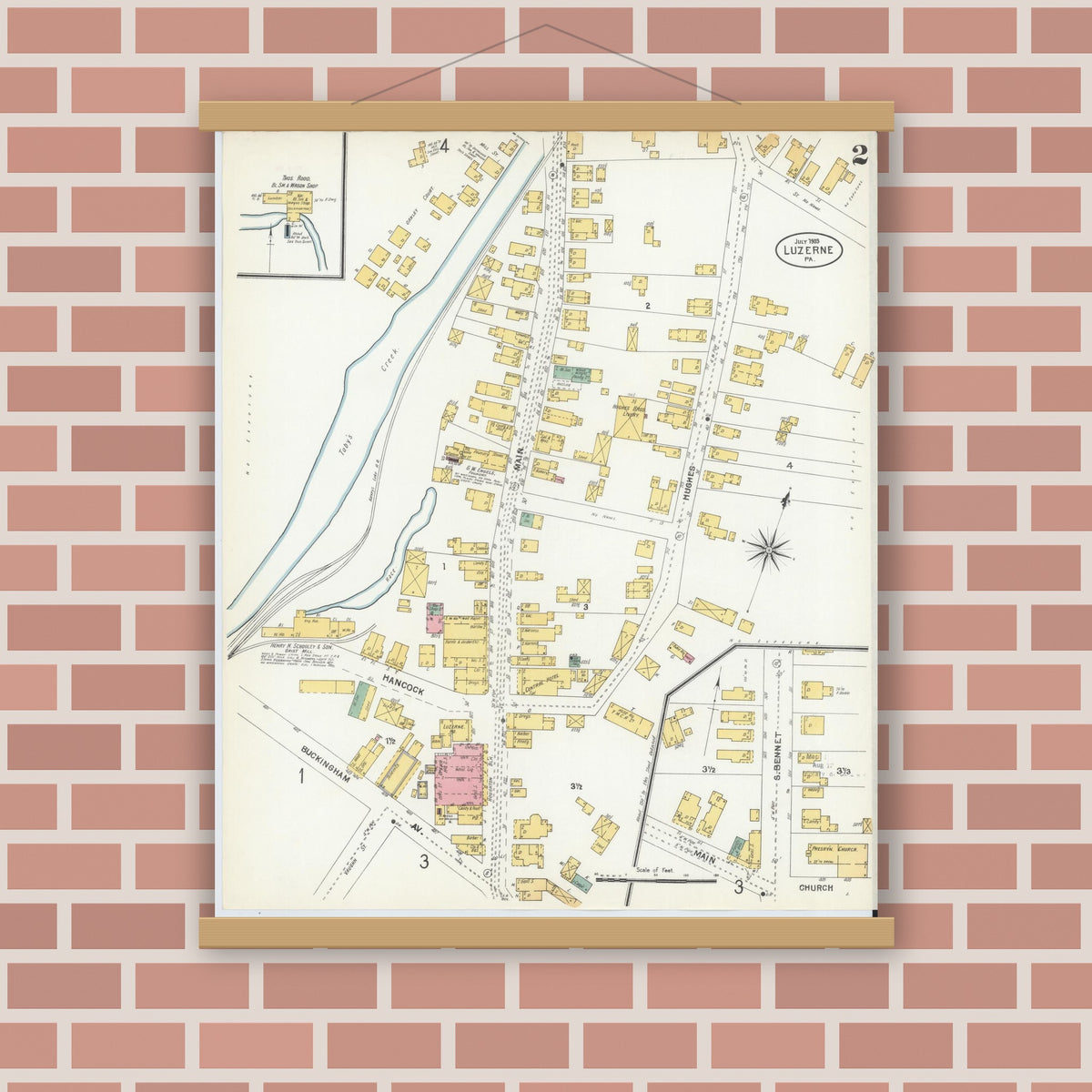 Old map wall art mockup — magnetic wood frame on brick wall — Sanborn Fire Insurance Map from Luzerne, Luzerne County, Pennsylvania (1903), Sheet #0002