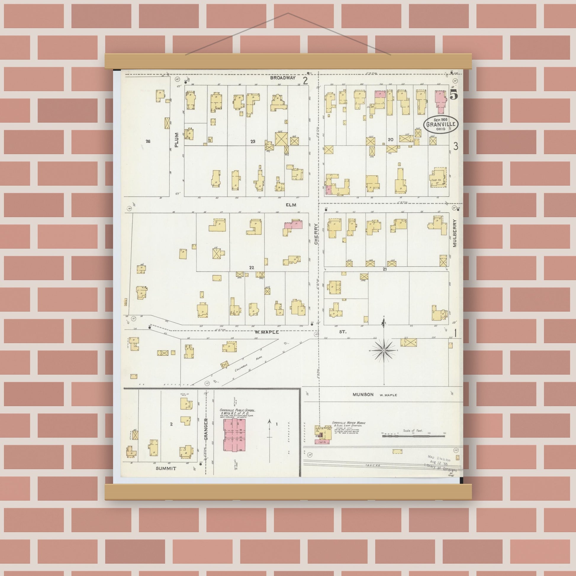 Old map wall art mockup — magnetic wood frame on brick wall — Sanborn Fire Insurance Map from Granville, Licking County, Ohio (1905), Sheet #0005