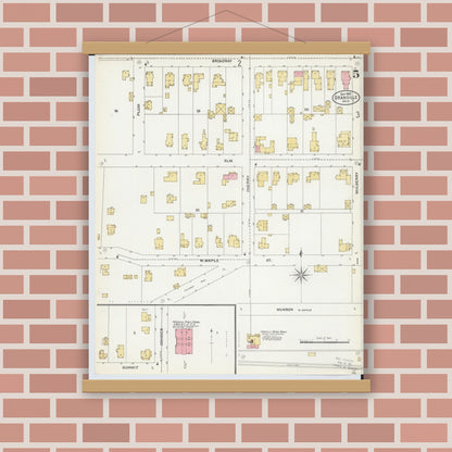 Old map wall art mockup — magnetic wood frame on brick wall — Sanborn Fire Insurance Map from Granville, Licking County, Ohio (1905), Sheet #0005
