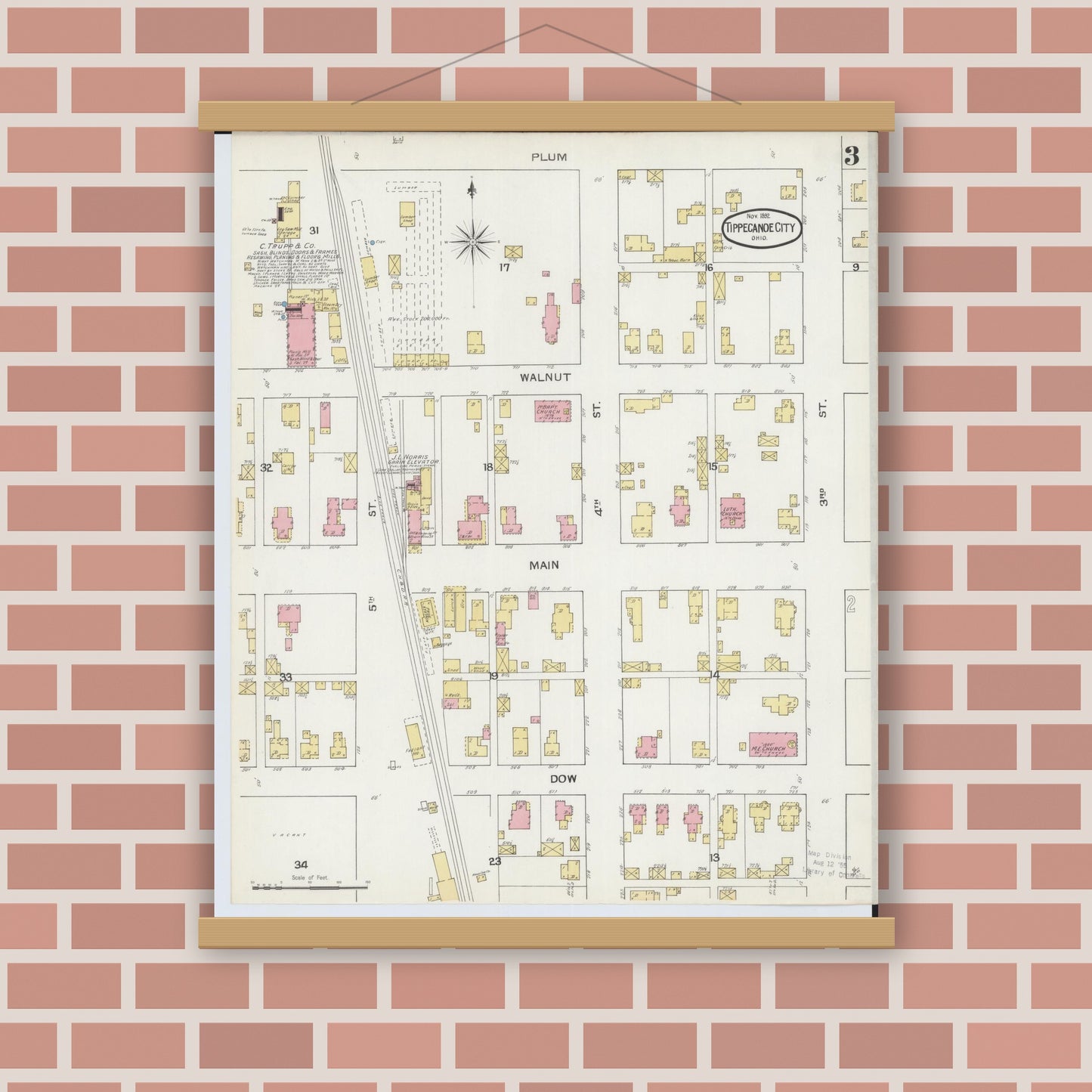 Old map wall art mockup — magnetic wood frame on brick wall — Sanborn Fire Insurance Map from Tipp City, Miami County, Ohio (1892), Sheet #0003
