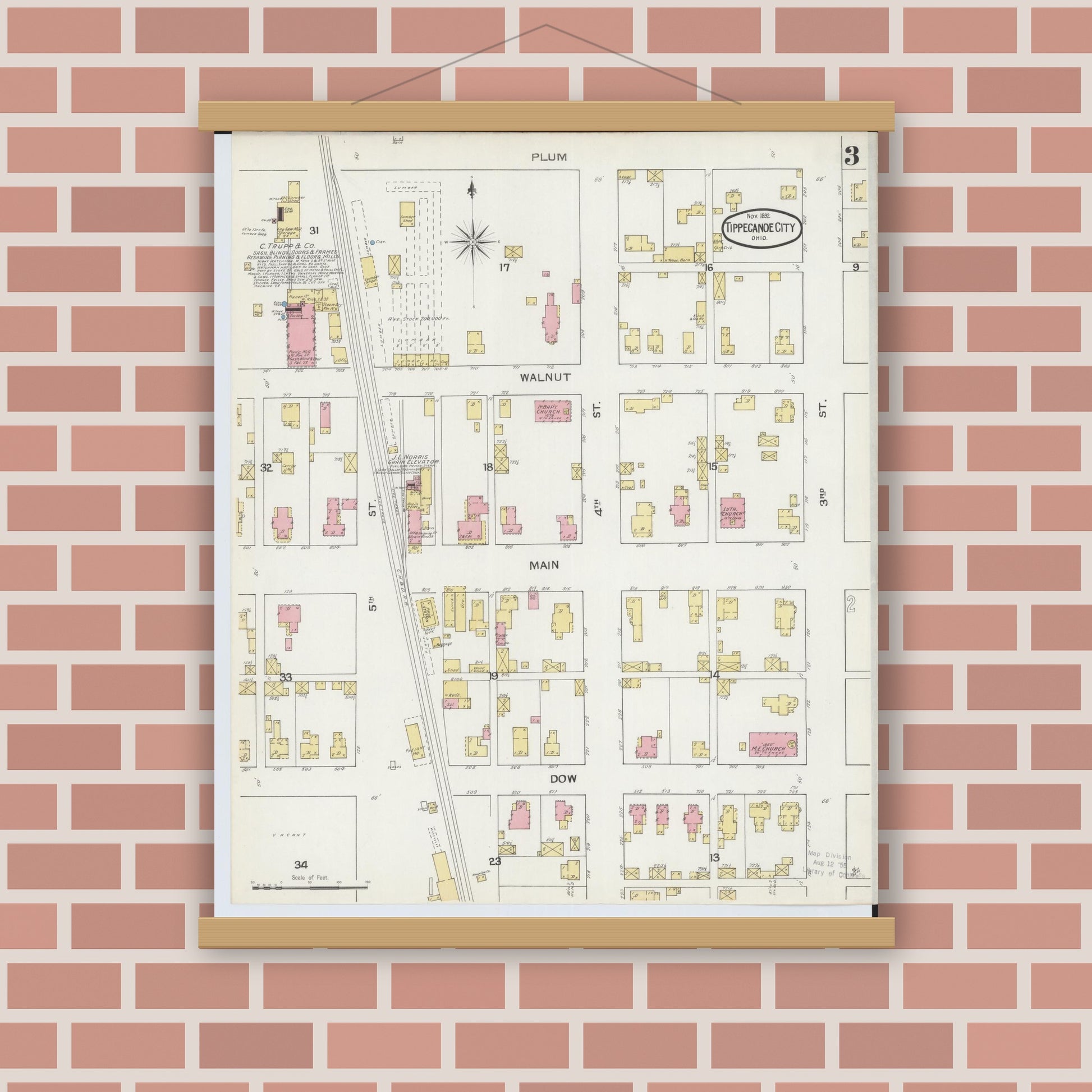 Old map wall art mockup — magnetic wood frame on brick wall — Sanborn Fire Insurance Map from Tipp City, Miami County, Ohio (1892), Sheet #0003