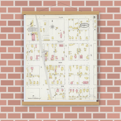 Old map wall art mockup — magnetic wood frame on brick wall — Sanborn Fire Insurance Map from Tipp City, Miami County, Ohio (1892), Sheet #0003